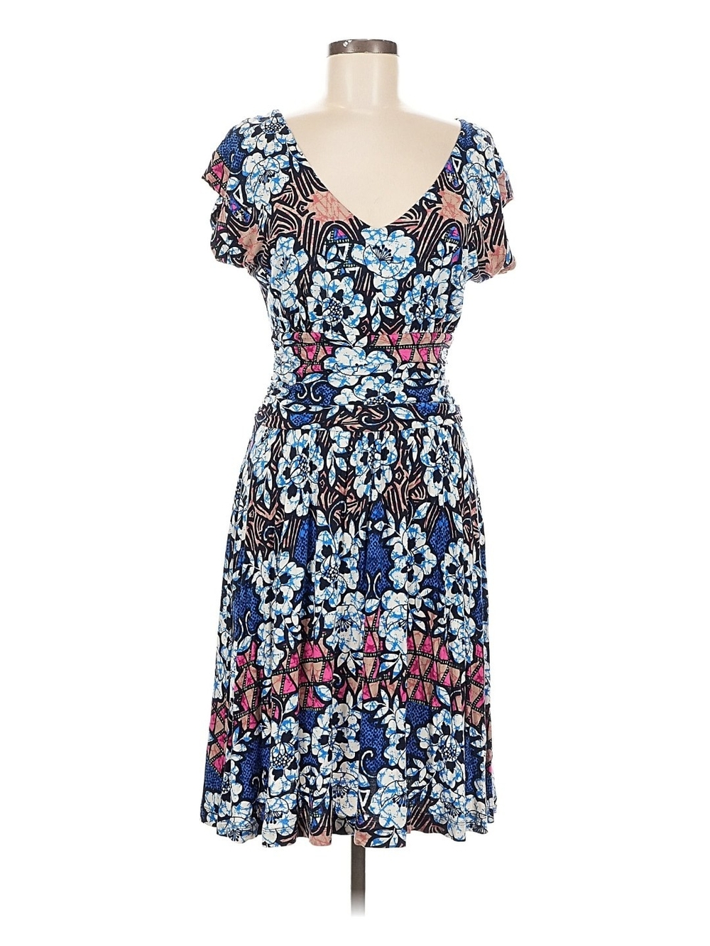 Meadow Rue Navy and Pink Floral V-Neck Fit & Flare Dress